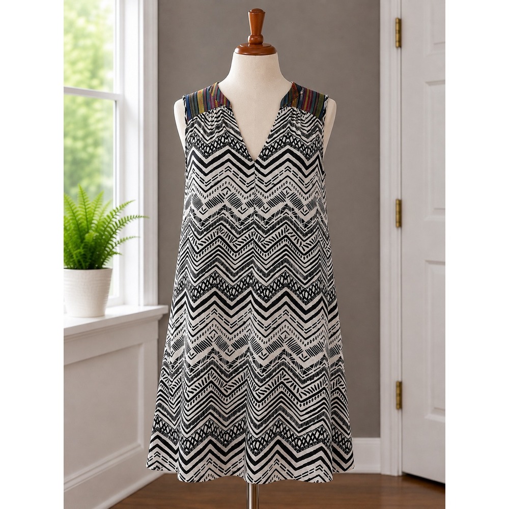 Vintage Haute Society Chevron Print Dress XL Black White Tribal Tapestry Y2K USA